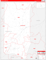 Granville County, NC Wall Map Zip Code Red Line Style 2024