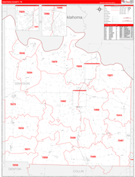 Grayson County, TX Wall Map Zip Code Red Line Style 2024