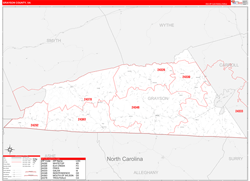 Grayson County, VA Wall Map Zip Code Red Line Style 2024