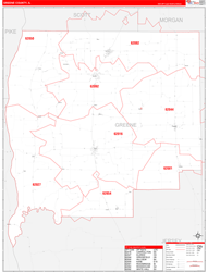 Greene County, IL Wall Map Zip Code Red Line Style 2024