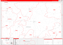 Greene County, IN Wall Map Zip Code Red Line Style 2024