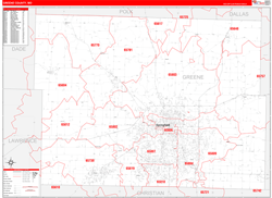 Greene County, MO Wall Map Zip Code Red Line Style 2024