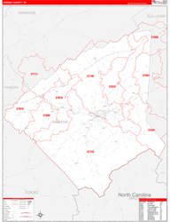 Greene County, TN Wall Map Zip Code Red Line Style 2024