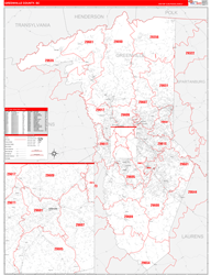 Greenville County, SC Wall Map Zip Code Red Line Style 2024