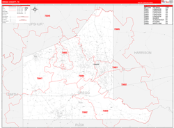 Gregg County, TX Wall Map Zip Code Red Line Style 2024
