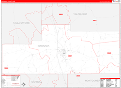 Grenada County, MS Wall Map Zip Code Red Line Style 2024