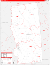 Grimes County, TX Wall Map Zip Code Red Line Style 2023