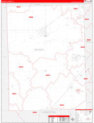 Grundy County, IL Wall Map Zip Code Red Line Style 2024