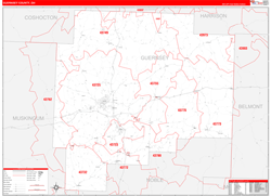 Guernsey County, OH Wall Map Zip Code Red Line Style 2024