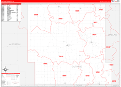 Guthrie County, IA Wall Map Zip Code Red Line Style 2024
