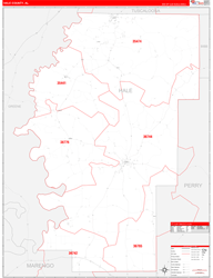 Hale County, AL Wall Map Zip Code Red Line Style 2024
