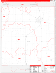 Hale County, TX Wall Map Zip Code Red Line Style 2024