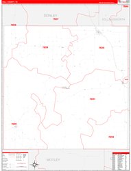 Hall County, TX Wall Map Zip Code Red Line Style 2024