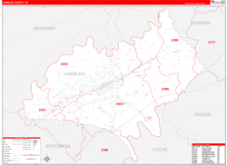 Hamblen County, TN Wall Map Zip Code Red Line Style 2024
