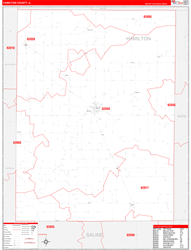 Hamilton County, IL Wall Map Zip Code Red Line Style 2024