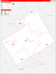 Hamilton County, TX Wall Map Zip Code Red Line Style 2024