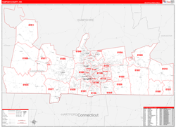 Hampden County, MA Wall Map Zip Code Red Line Style 2024