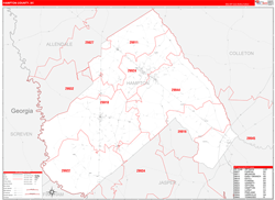 Hampton County, SC Wall Map Zip Code Red Line Style 2024