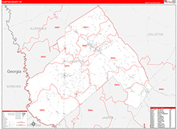 Hampton County, SC Wall Map Zip Code Red Line Style 2026