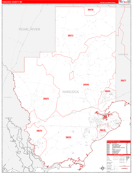 Hancock County, MS Wall Map Zip Code Red Line Style 2024