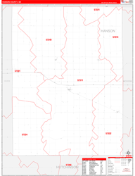 Hanson County, SD Wall Map Zip Code Red Line Style 2024