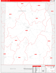 Hardeman County, TN Wall Map Zip Code Red Line Style 2024