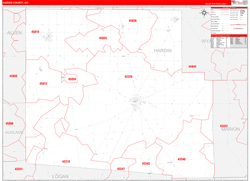 Hardin County, OH Wall Map Zip Code Red Line Style 2024