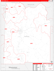 Hardin County, TN Wall Map Zip Code Red Line Style 2024