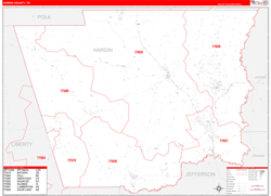 Hardin County, TX Wall Map Zip Code Red Line Style 2024