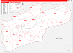 Harlan County, KY Wall Map Zip Code Red Line Style 2024