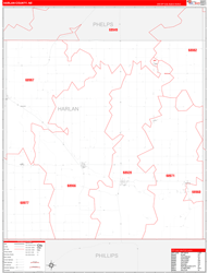 Harlan County, NE Wall Map Zip Code Red Line Style 2024