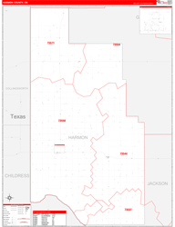 Harmon County, OK Wall Map Zip Code Red Line Style 2024