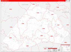 Harnett County, NC Wall Map Zip Code Red Line Style 2024
