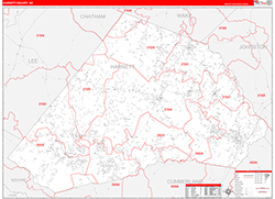 Harnett County, NC Wall Map Zip Code Red Line Style 2026