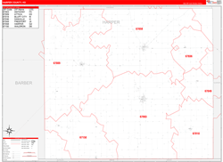 Harper County, KS Wall Map Zip Code Red Line Style 2024