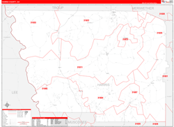 Harris County, GA Wall Map Zip Code Red Line Style 2024