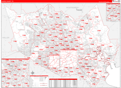 Harris County, TX Wall Map Zip Code Red Line Style 2024