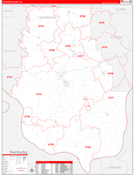 Harrison County, IN Wall Map Zip Code Red Line Style 2024
