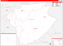 Harrison County, KY Wall Map Zip Code Red Line Style 2024