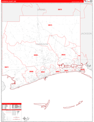 Harrison County, MS Wall Map Zip Code Red Line Style 2024