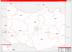 Harrison County, TX Wall Map Zip Code Red Line Style 2024
