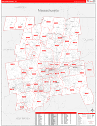 Hartford County, CT Wall Map Zip Code Red Line Style 2024