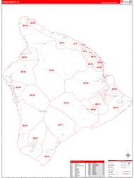 Hawaii County, HI Wall Map Zip Code Red Line Style 2024