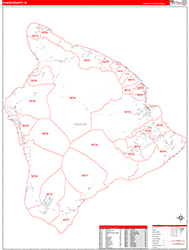 Hawaii County, HI Wall Map Zip Code Red Line Style 2026