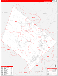 Hays County, TX Wall Map Zip Code Red Line Style 2024