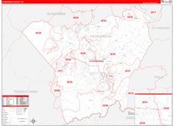 Henderson County, NC Wall Map Zip Code Red Line Style 2024