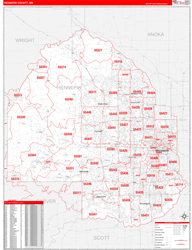 Hennepin County, MN Wall Map Zip Code Red Line Style 2024