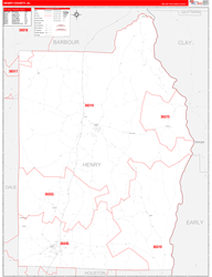 Henry County, AL Wall Map Zip Code Red Line Style 2024