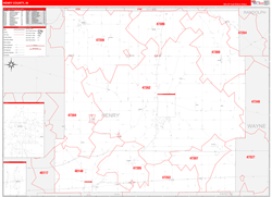 Henry County, IN Wall Map Zip Code Red Line Style 2024