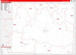 Henry County, MO Wall Map Zip Code Red Line Style 2024